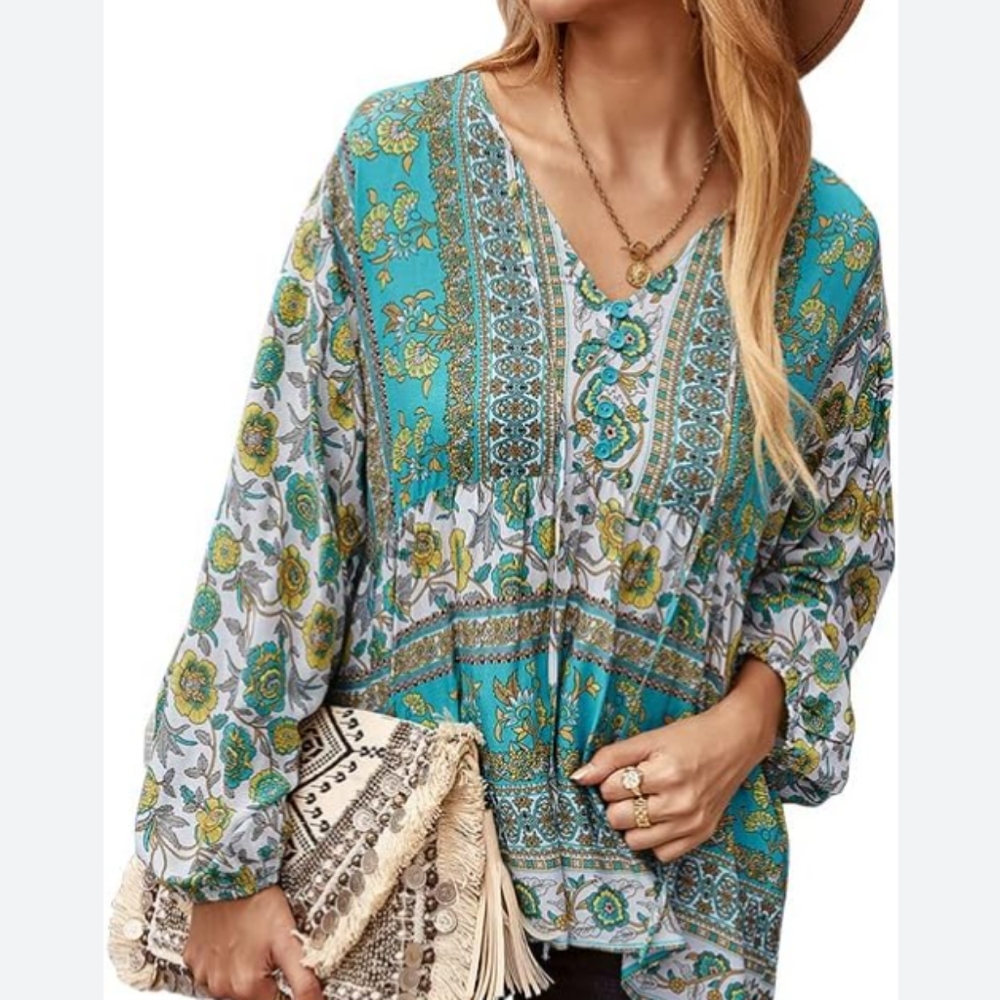 World Market Floral Bohemian Women's Top in Blue and Green